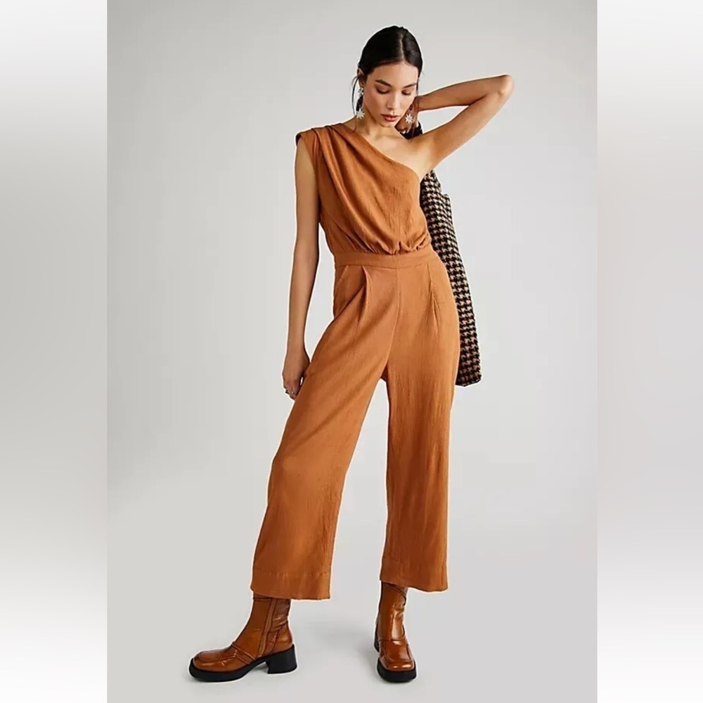 Free People Avery Jumpsuit One Shoulder Wide Leg Pocket Zip Small 6 NWOT